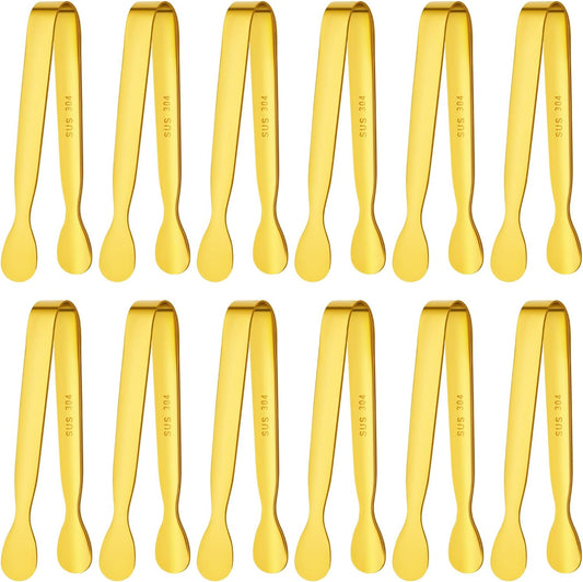 BEWOS 12Pcs Mini Serving Tongs - 4.3 Inch 304 Stainless Steel Ice Tongs, Gold Serving Tongs for Charcuterie Boards Accessories Serving, Coffee Bar, Tea Party, Desserts Banquet and Ice Bucket