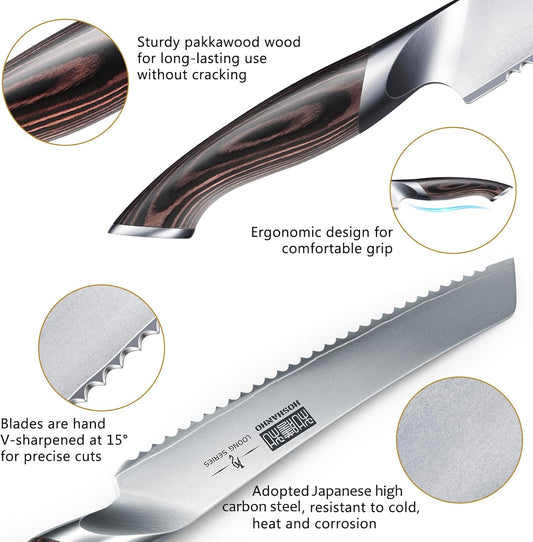 HOSHANHO Bread Knife 8 inch, Japanese High Carbon Stainless Steel Serrated Bread Knife, Professional Bread Cutting Knife for Homemade Bread