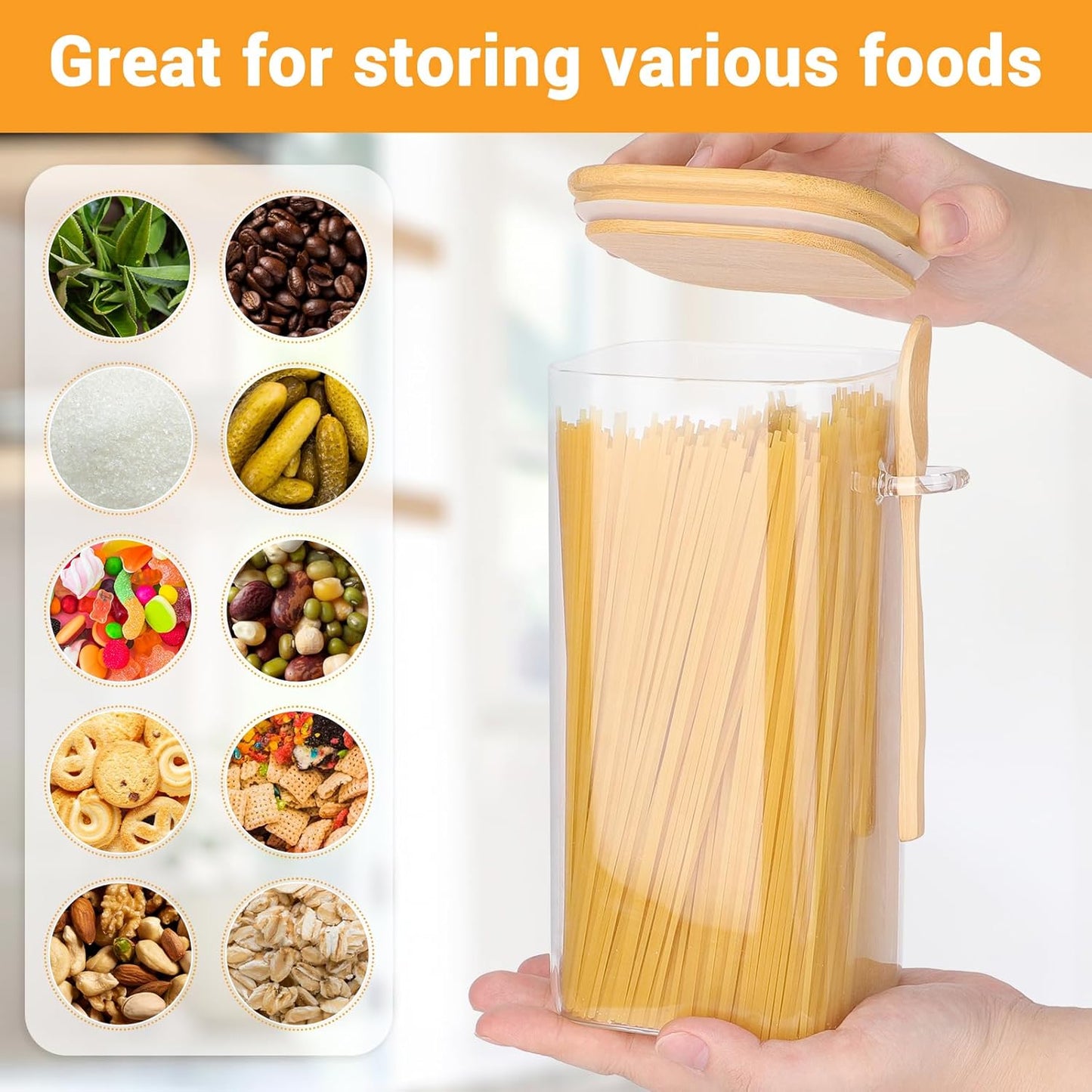 Glass Jars with Bamboo Lids and Spoons - 2 Pack 53 Fl.oz Square Pasta Storage Containers Set, Includes Labels, Marker and Brush, Large Glass Canisters for Kitchen Pantry, Cereal, Rice, Flour
