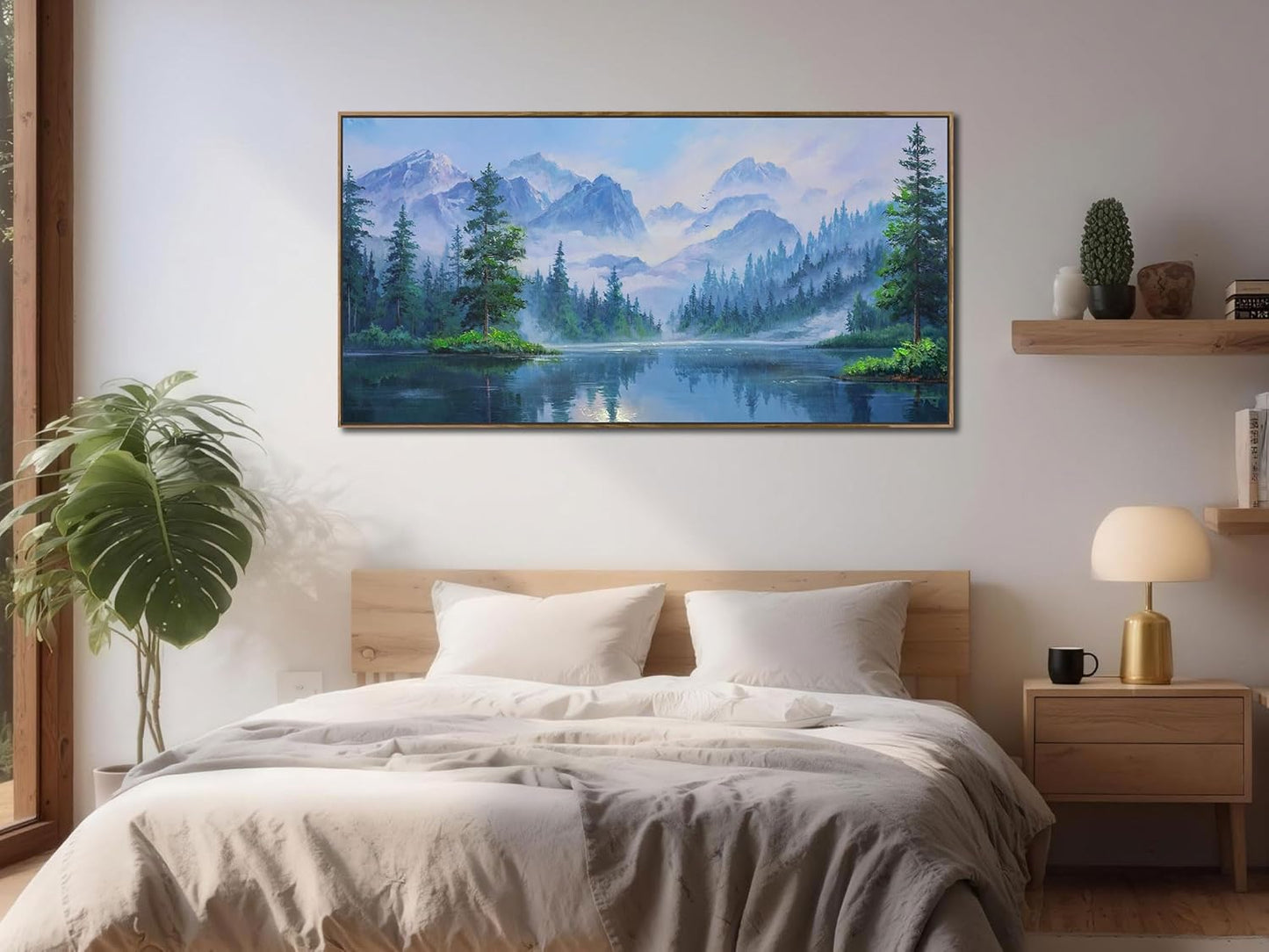 Ardemy Large Landscape Canvas Wall Art for Living Room Framed Lake Teal Pictures Bedroom Wall Decor Textured Misty Forest Scenery Paintings Artwork for Walls Home Office,40"x20"