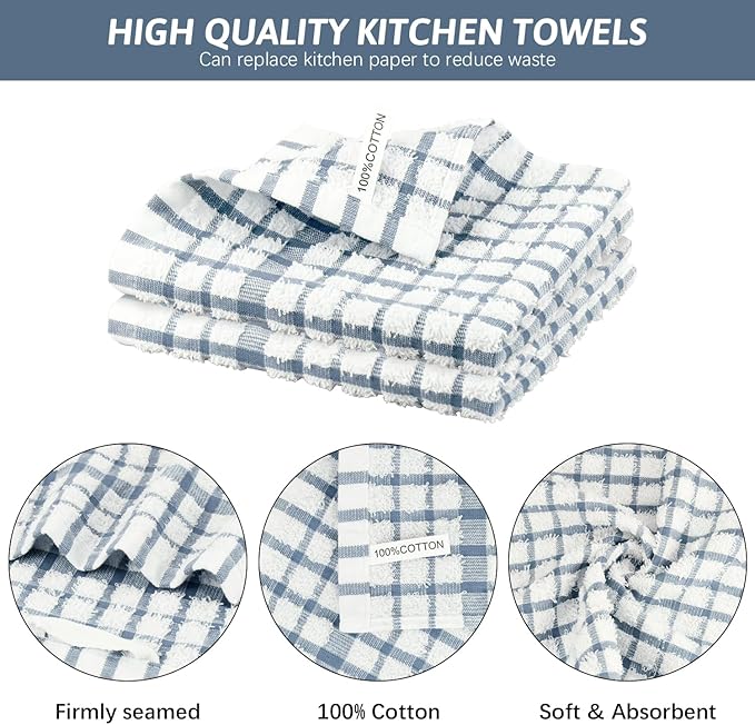 Nialnant 8 Pack Kitchen Towels and Dishcloths Sets,100% Cotton Soft Absorbent Quick Drying Dish Towels for Kitchen,Washing Dishes-Little Blue Plaid,12 x 12 in