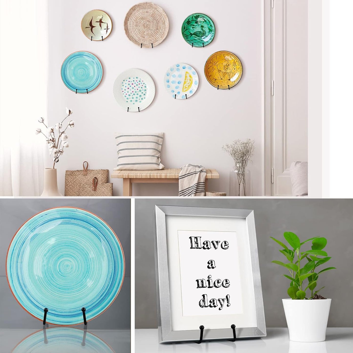 Kathfly 8 Pcs 6 Inch Metal Wall Mount Plate Display Stands Medium Black Easel Plate Hangers Vertical Stand Holders Picture Frame Stand Rack for Decorative Book Platter Arts