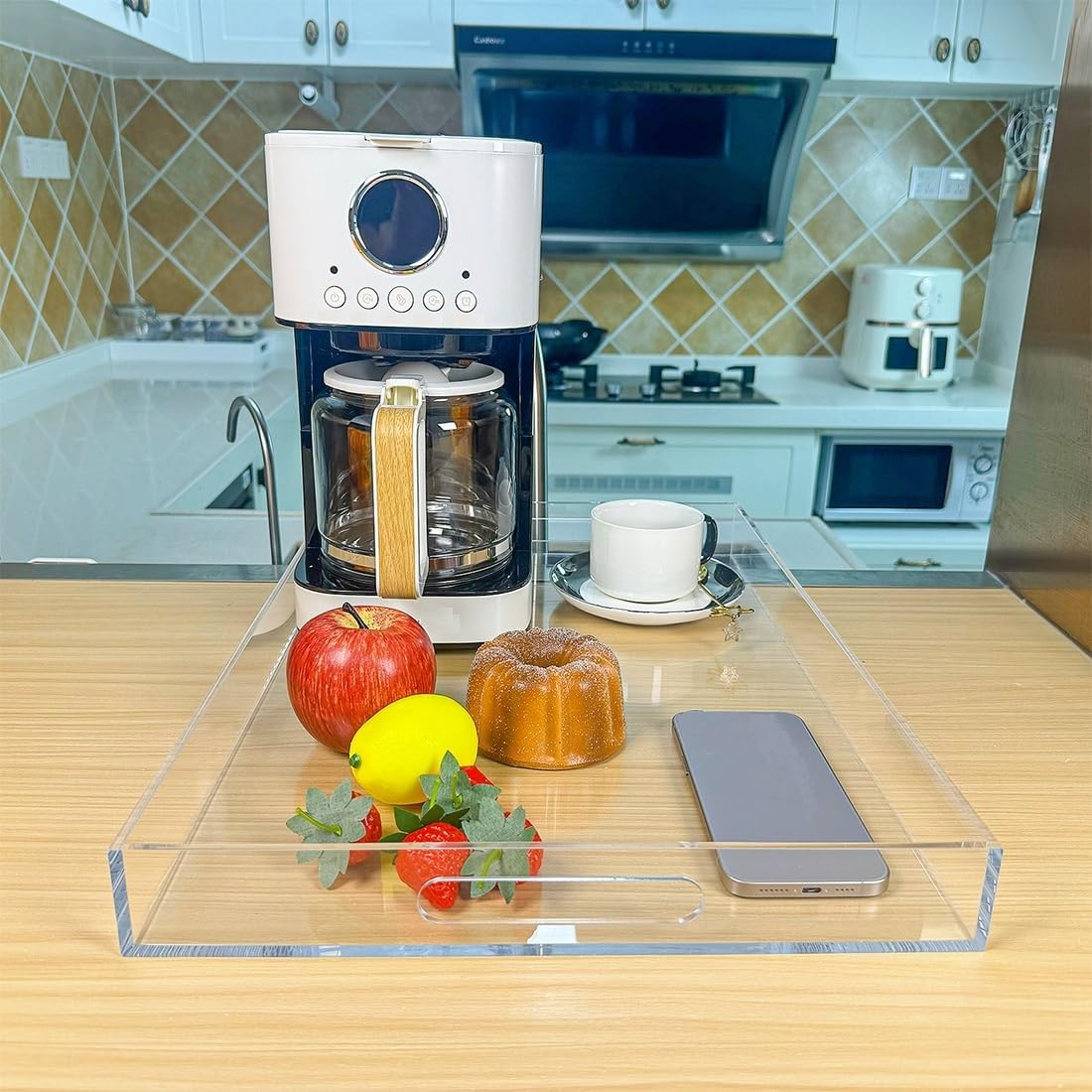 Clear Rectangular 14x20 Inches Acrylic Ottoman Tray Decorative Serving Tray with Cutout Handles Organizer Tray on Coffee Table Countertop Big Breakfast Bed Tray Living Room Appetizer Serving Food