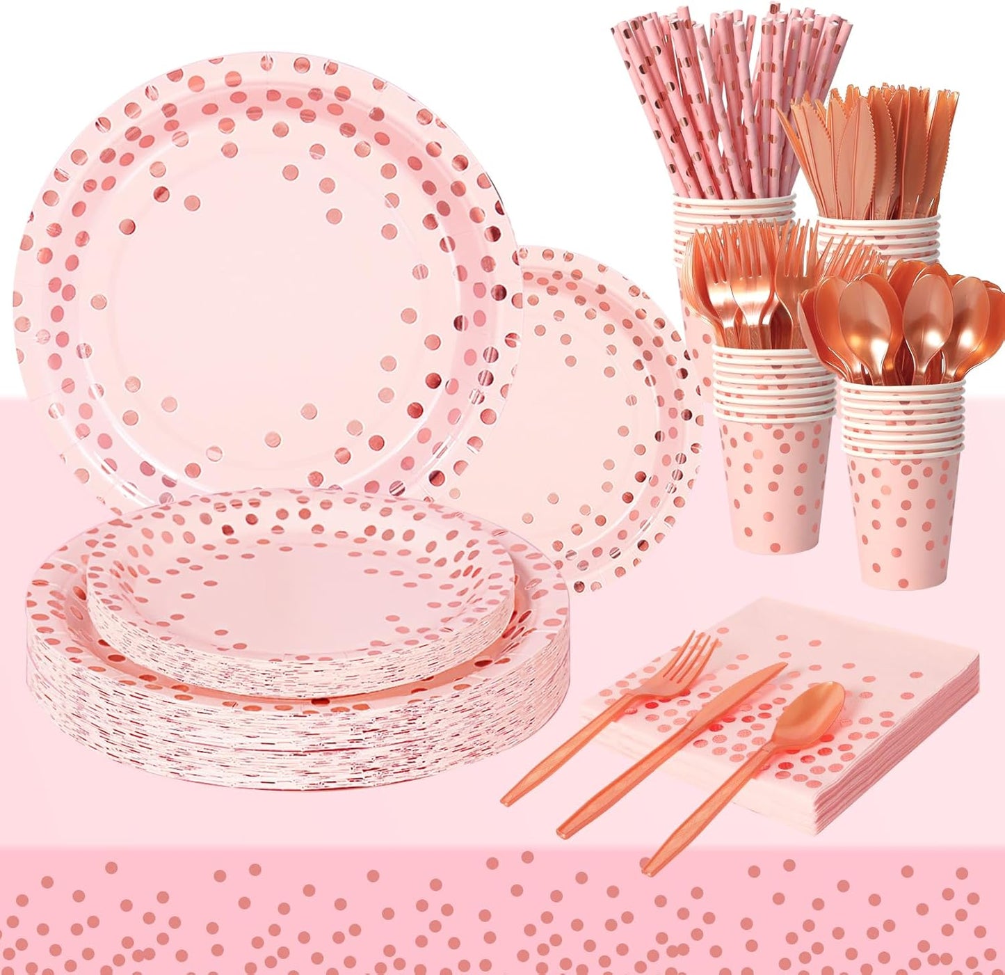 Paper Plates and Napkins Set, 193 Pieces Pink and Rose Gold Party Supplies Includes Paper Plates Cups Napkins Straws and Cutlery for Birthday Wedding Holidays Parties Decorations-24 Guests