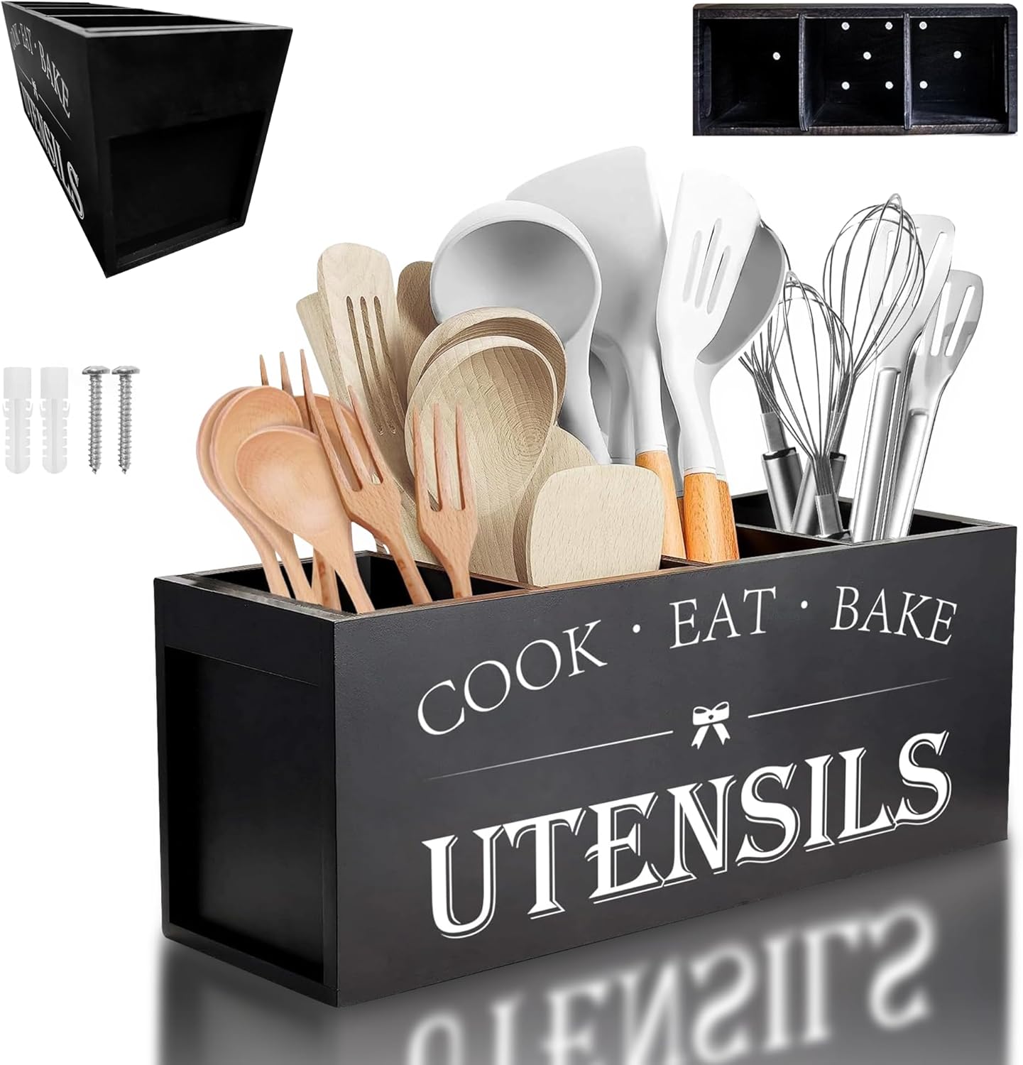 Extra Large Kitchen Utensil Holder with 4 Compartments, Wooden Countertop Organizer, Rustic Black Farmhouse Decor for Cooking Tools, Spoons, Spatulas, Knives & Forks