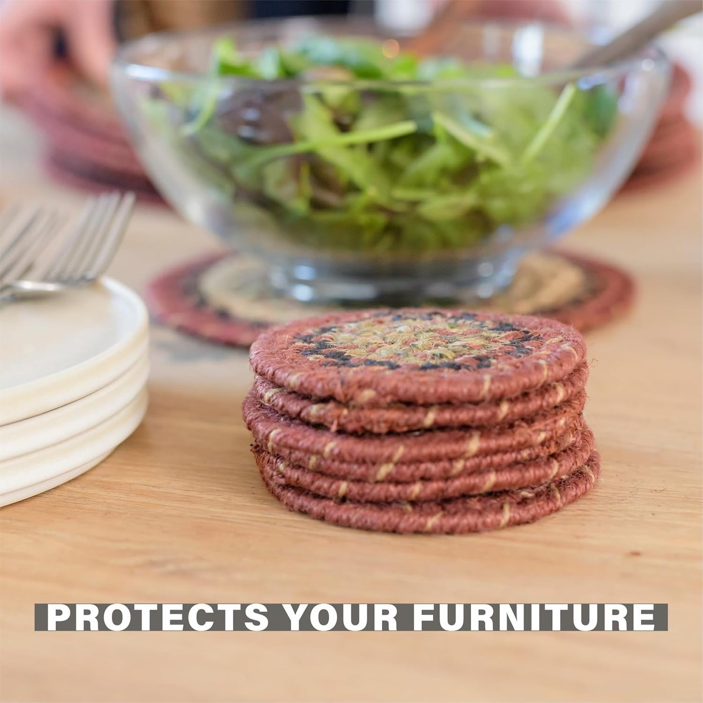 Homespice Highland Jute Braided Trivets for Table,Warm Country and Cabin Decor, Set of 3, Multicolor 8" Round Heat Resistant Mats - Rich Colors, Easy to Clean, Durable and Protects Furniture