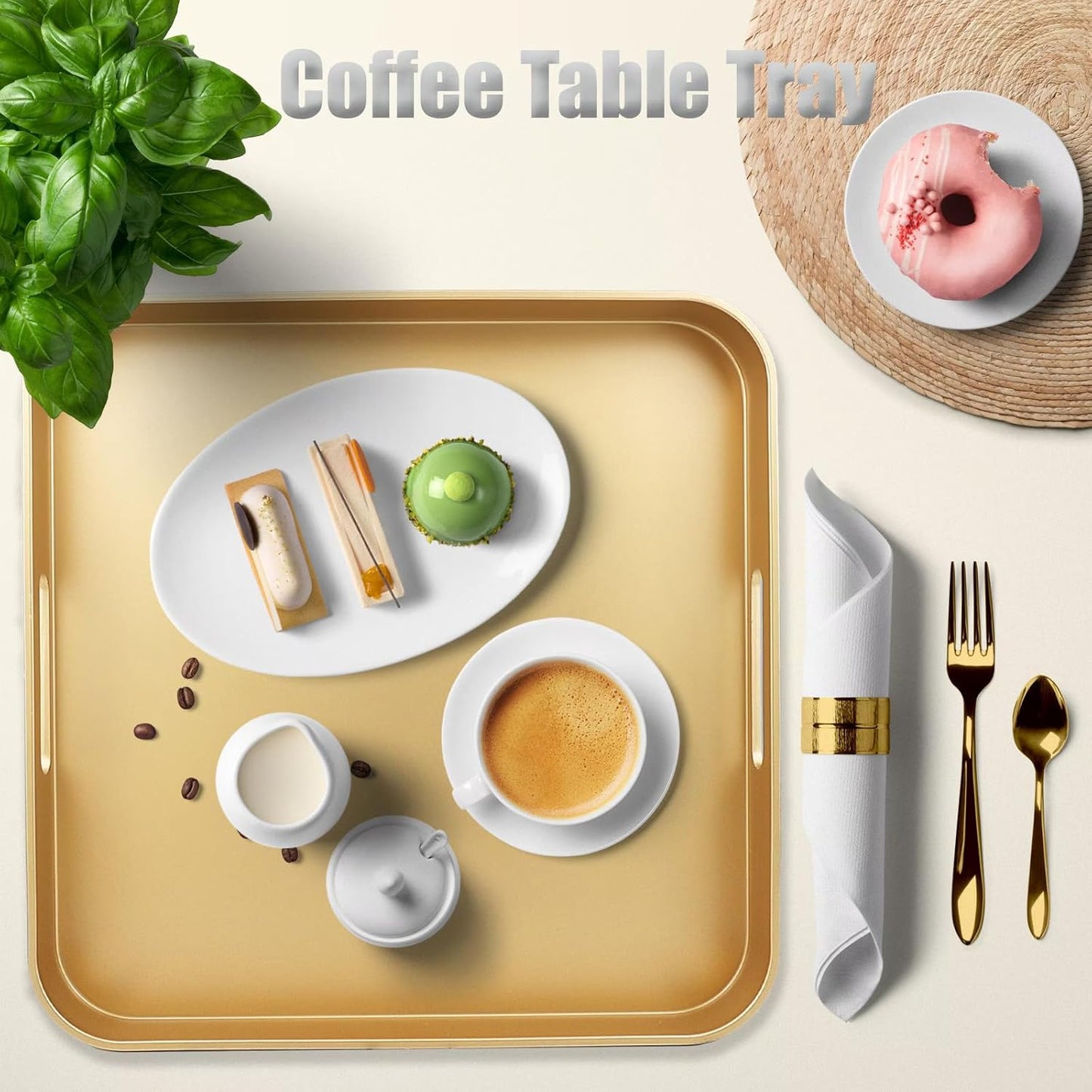 Gold Square Decorative Tray with Handles, 13"*13" Versatile Serving Tray for Coffee Table, Ottoman, Ideal for Serving, Displaying, Organizing