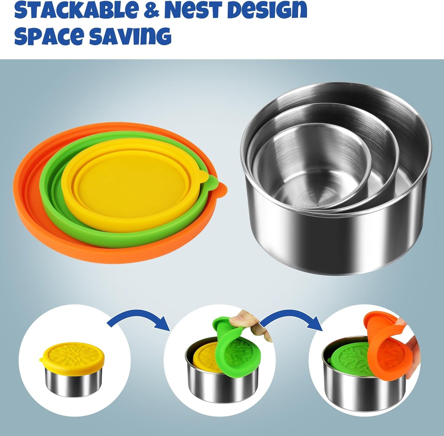 304 Stainless Steel Containers with Lids Small for Lunch Food/Snacks, Leak-Proof and Round Stainless Steel Food Storage Containers for Back to School Kids, 3 Pack Stackable (4oz, 8oz, 14oz)