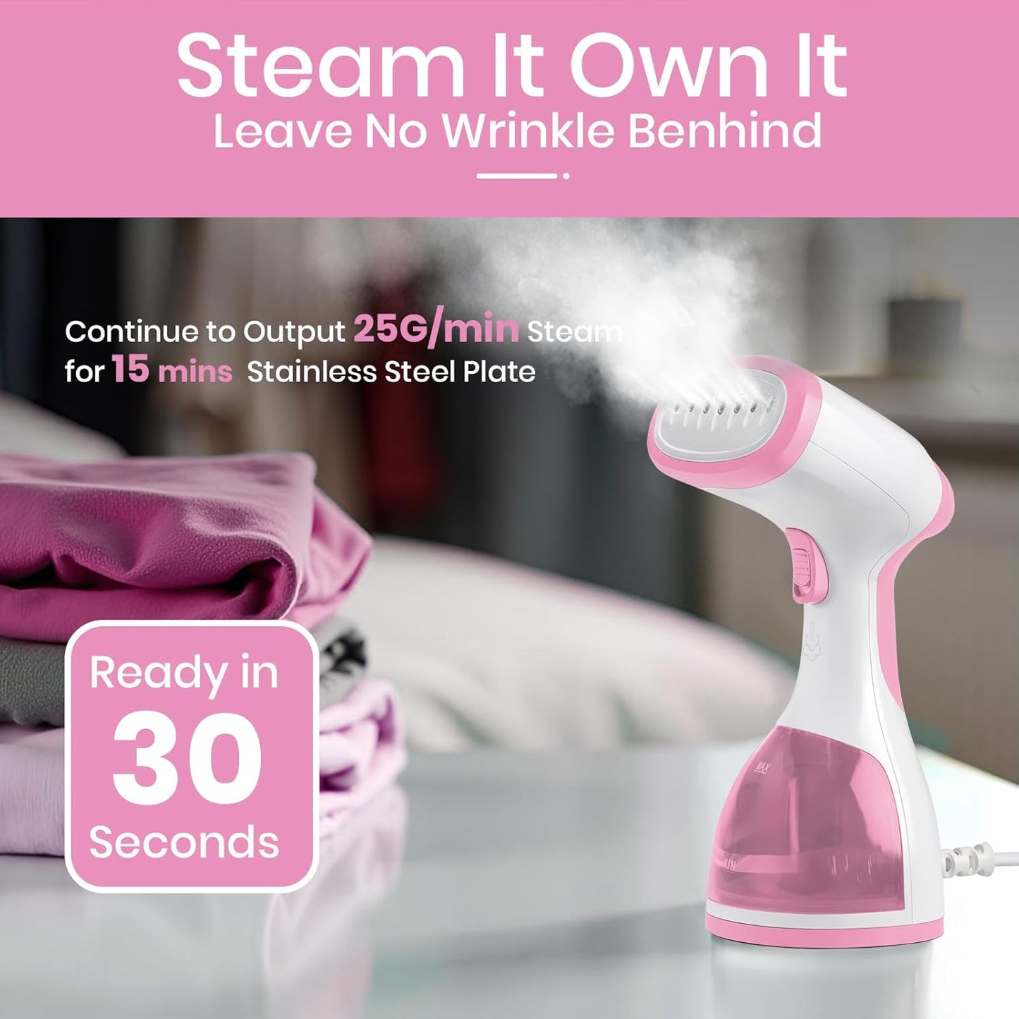 Steamer for Clothes 1500W，30S Fast Heat Plancha a Vapor Para Ropa, 260ML Water Tank Clothing Garment Fabric Iron Travel Steamer Handheld Portable for Wrinkles