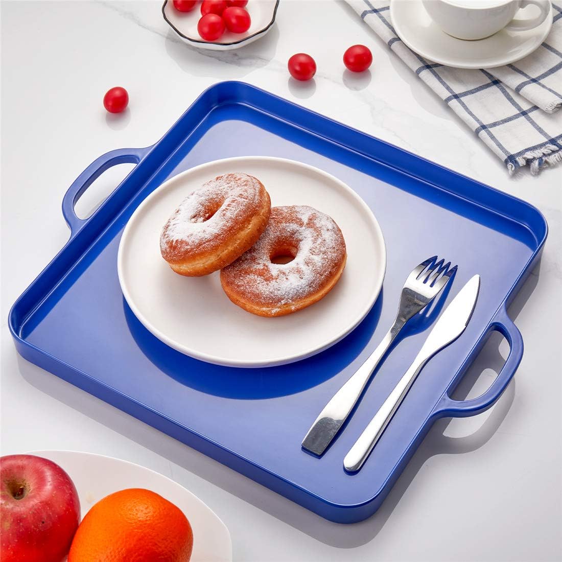 Square Serving Trays with Handles Melamine Dark Blue 12.5x12.5 Inch Spill Proof Kitchen Eating Trays Set of 2 for Cafeteria Cafe Food Appeizer Dessert Snack Dinner Lunch Breakfast,TR15-02