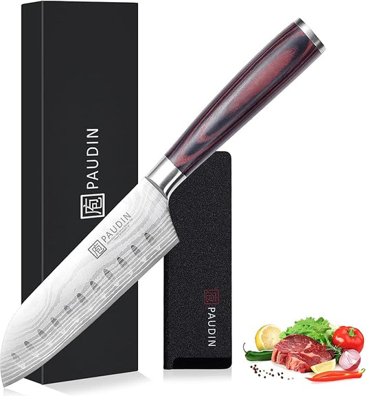 PAUDIN Santoku Knife, Chef Knife 5 inch Ultra Sharp Kitchen Knife, Japanese Chef Knife with Sheath, High Carbon Stainless Steel, Ergonomic Pakkawood Handle