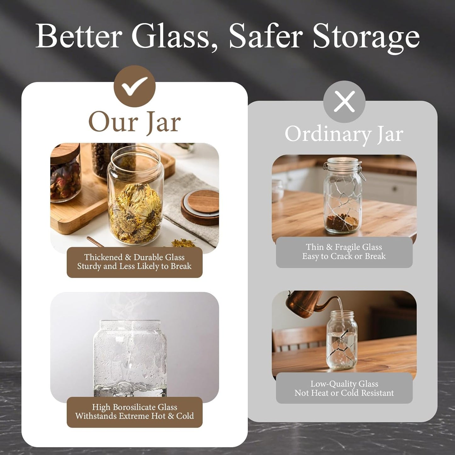 Glass Jars with Airtight Wood Lids - 57 oz Large Kitchen and Pantry Storage Containers, Canisters for Spaghetti, Noodles, Pasta, Ground Coffee, Sugar, Cereal, Set of 2