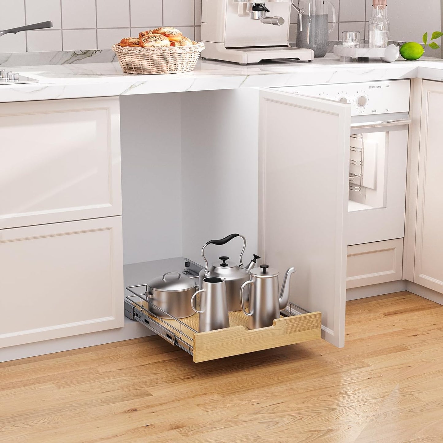 Pull Out Cabinet Organizer,Heavy-Duty Slide Out Shelf, Wood And Wire Basket, Pull Out Drawer for for Kitchen Under Sink Space, Pantry, Bathroom (11 * 21 WM)