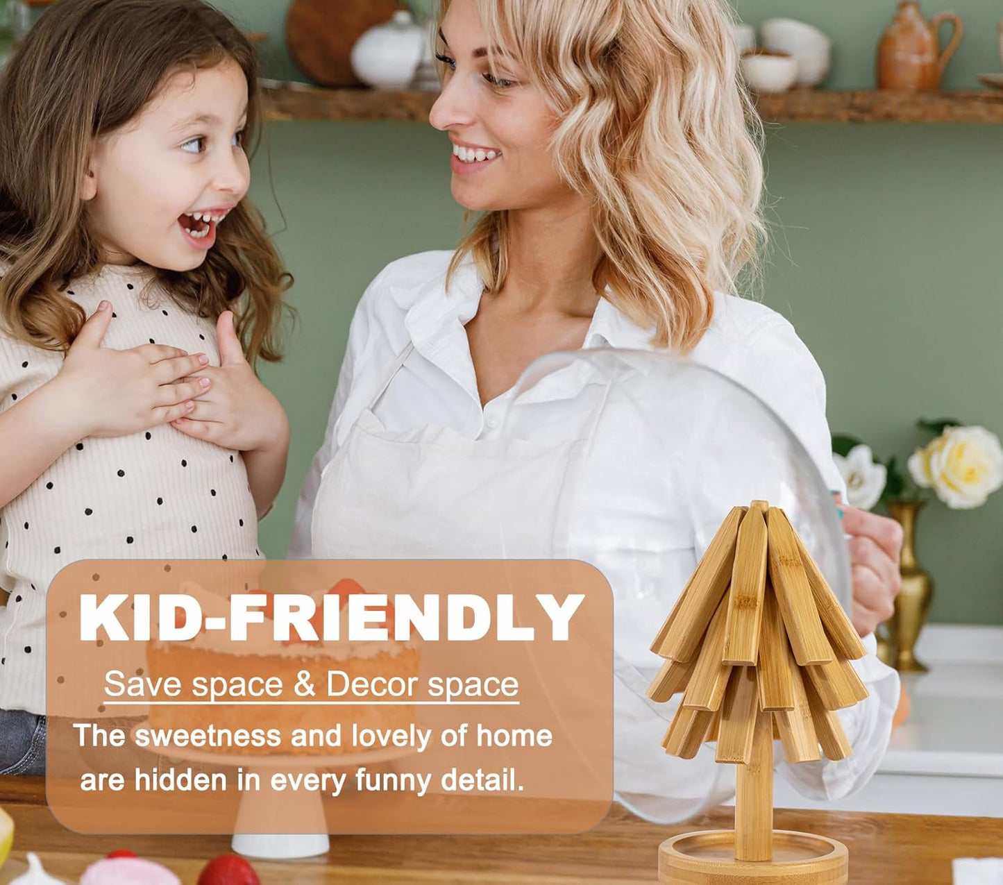 8" Bamboo Tree Trivets Set with Mini Tray (3 Trivets+1 Stand), Heat Resistant Pot Holders Serving Mats for Kitchen Countertops/Table, Bamboo