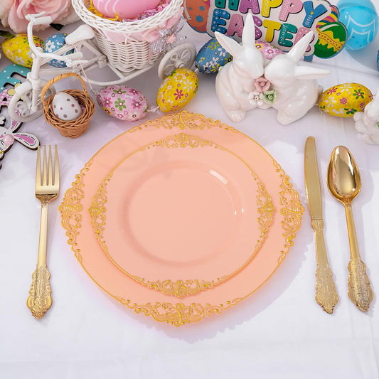 125PCS Peachy Pink Plastic Plates - Elegant Pink and Gold Dinnerware Set - Heavy Duty Disposable Plates with Gold Silverware Sets for 25 Guests for Wedding & Party & Bridal Shower