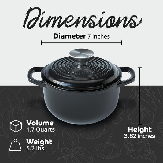 Segretto Cookware Enameled Dutch Oven Pot with Lid Cast Iron Nero (Black) 1.7 Quarts Enamel Small Cast Iron Dutch Oven for Bread Baking, Cooking