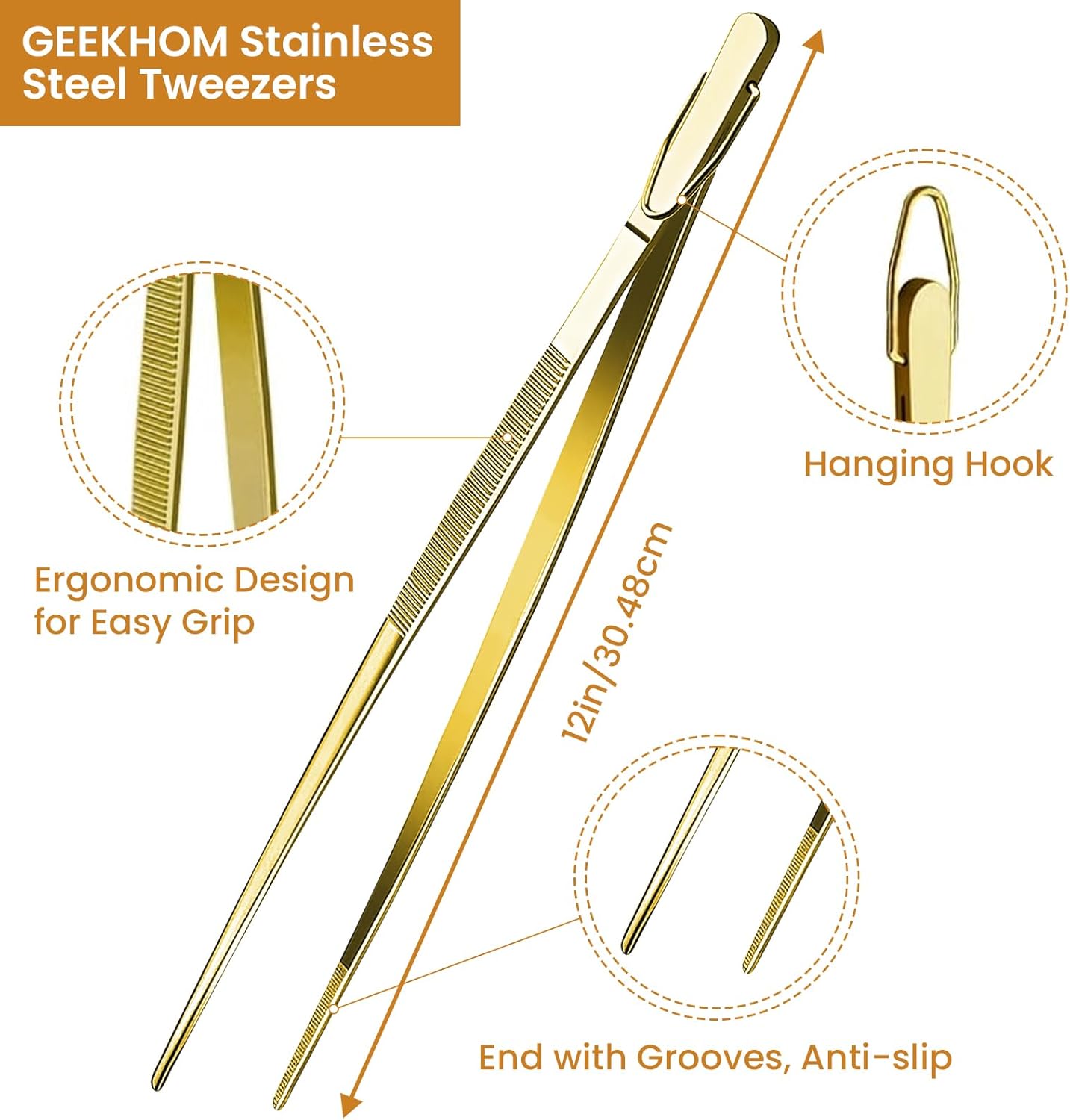 GEEKHOM 4 Pcs 12-Inch Gold Premium Tweezer Tongs, Full-Size Stainless Steel Set for Culinary, Restaurant, Buffet & Party Serving