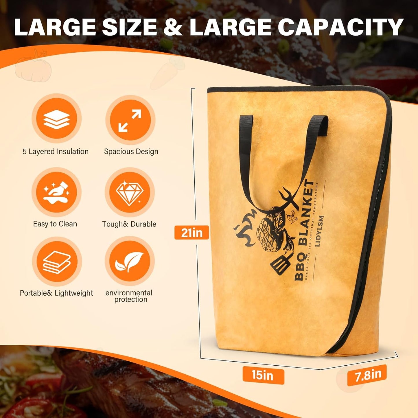 BBQ Blanket for Resting Meat- 2-pack21inch, Reusable Insulated Meat Resting Bag for Tender Barbecue and Moisture Retention,Wide Mouth Design for Large Brisket,Turkeys,Steak,Pork Shoulders