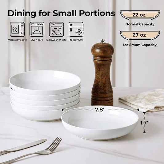 Y YHY Pasta Bowls for Small Portions, 22 Ounce Salad White Bowl Plates Set of 6, Porcelain Dishes for Serving Dinner - Dinnerware Sets Microwave Dishwasher Safe Thanksgiving Day Gift