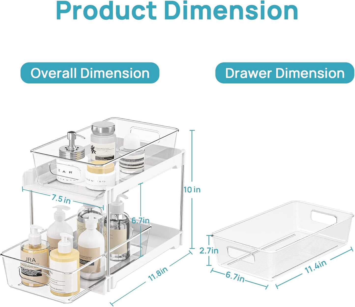 Vtopmart 4 Pack Bathroom Organizer, 2 Tier White Under Sink Organizers Vanity Countertop Storage Container,Cabinet Drawers Bins, Pull-Out Organization with Track for Pantry, Kitchen