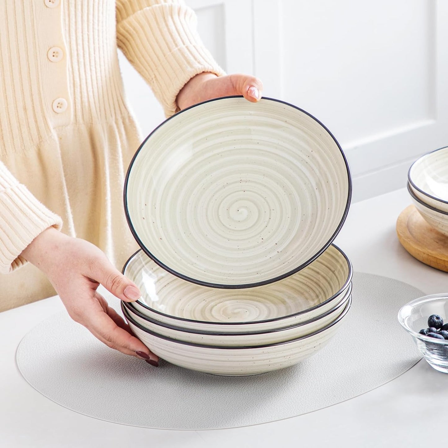 vancasso Bonbon Pasta Bowls Set of 6, 38 Oz Ceramic Salad Bowls, Wide and Shallow Bowls Set, Large Serving Bowls for Kitchen, Beige