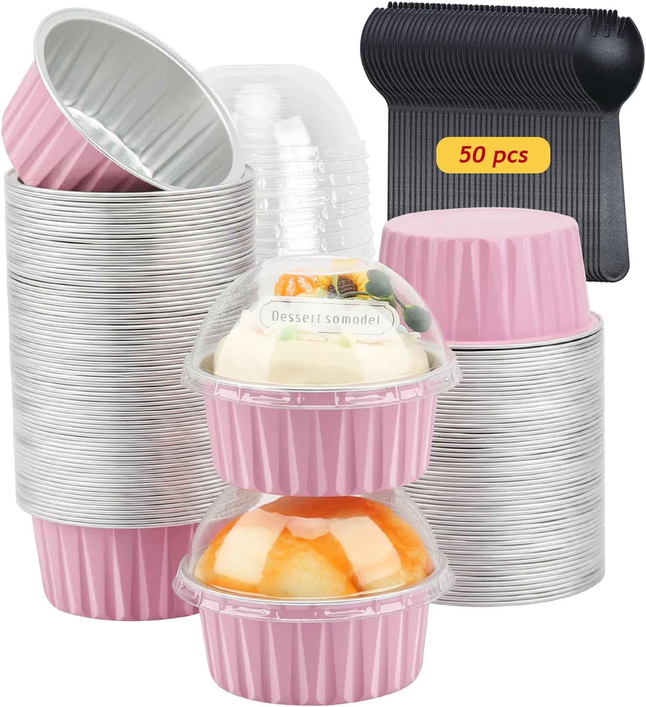 Jumbo Muffin Liners with Lids 50 Pack,Free-Air 5oz Aluminum Foil Cupcake Cups Muffin Tins,Disposable Ramekins Cupcake Baking Pans Cupcake Holders for Custard Mini Pie -Pink
