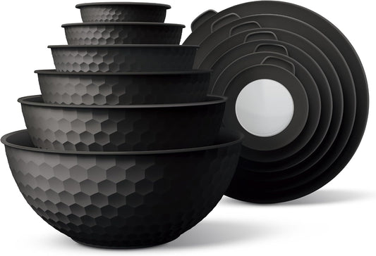 COOK WITH COLOR Mixing Bowls with Lids - 12 Piece Plastic Nesting Bowls Set includes 6 Prep Bowls and 6 Lids, Non Slip Bottom and Embossed Design - Microwave Safe (Black)