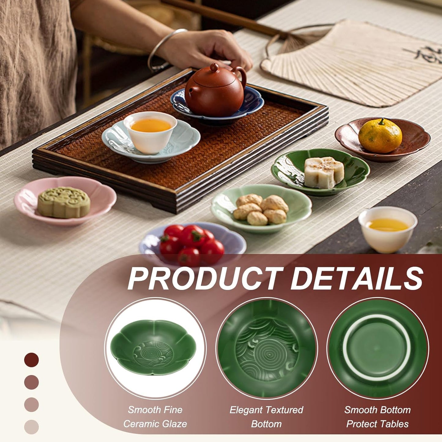 uxcell Porcelain Serving Dish, 4.25 Inch Small Ceramic Candy Plate with Water Pattern Petal Shape Decorative Bowl for Wedding Party Household Living Room Candy Snack Plate, Green