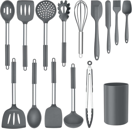 Onader Kitchen Cooking Utensils Set of 15, Silicone and Stainless Steel Utensils Spatula Set with Holder, Heat Resistant & Dishwasher Safe - Grey
