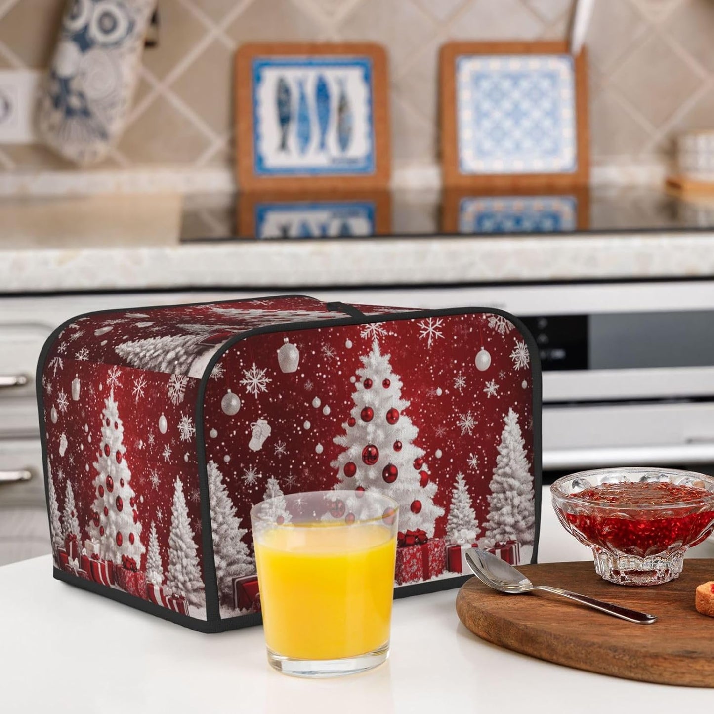 Toaster Cover 4 Slice Red Christmas Tree Ball Xmas Kitchen Small Appliance Covers with Pockets Dust and Fingerprint Protection