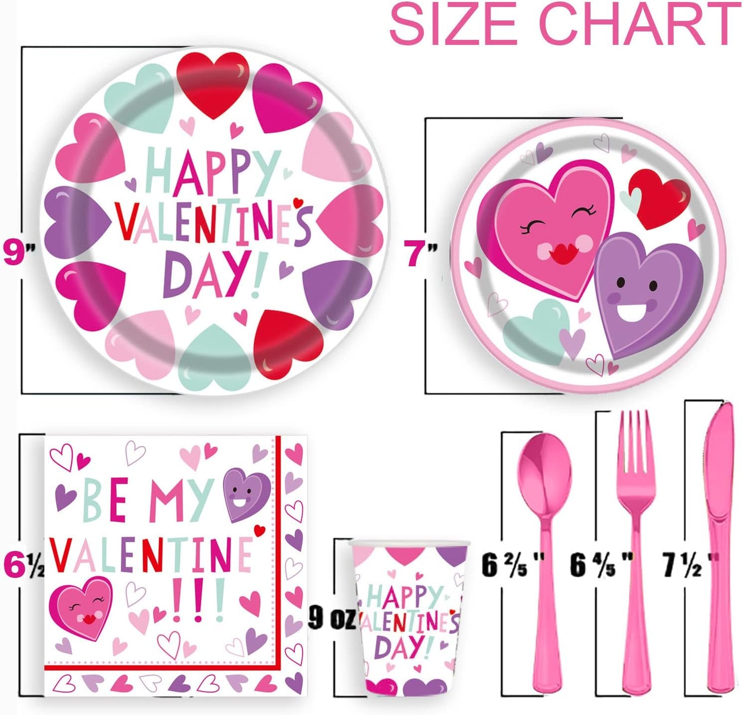 Valentines Day Heart Tableware for Kids, 25 Set Disposable Dinnerware Set - Paper Plates Napkins Cups, tablecloths Pink Plastic Forks Knives Spoons for kids school party