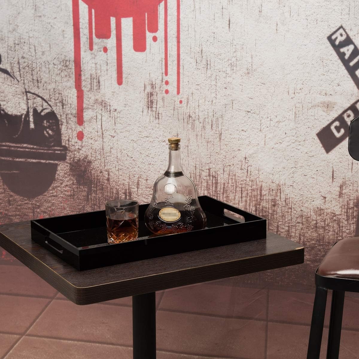 Glossy Black Sturdy Acrylic Serving Tray with Handles-12x20Inch-Serving Coffee,Appetizer,Breakfast,Butler-Kitchen Countertop Makeup Drawer Organizer-Vanity Table Ottoman Decorative Tray