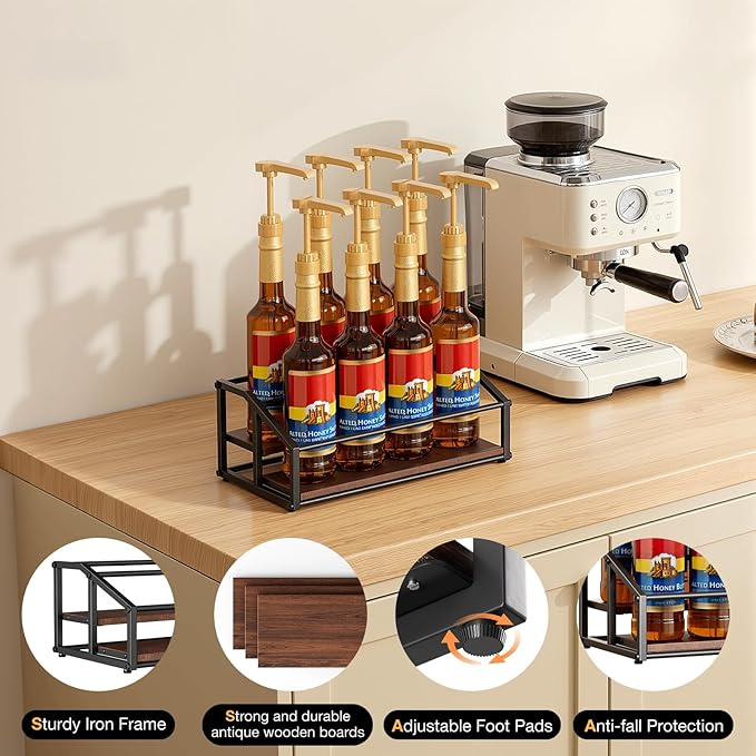 Coffee Syrup Organizer Rack, Liquor Bottle Display Shelf, 2 Tier 8 Syrup Bottles Holder Stand for Coffee Bar Kitchen Small Wine Rack for Family Storage for Syrup Wine Dressing