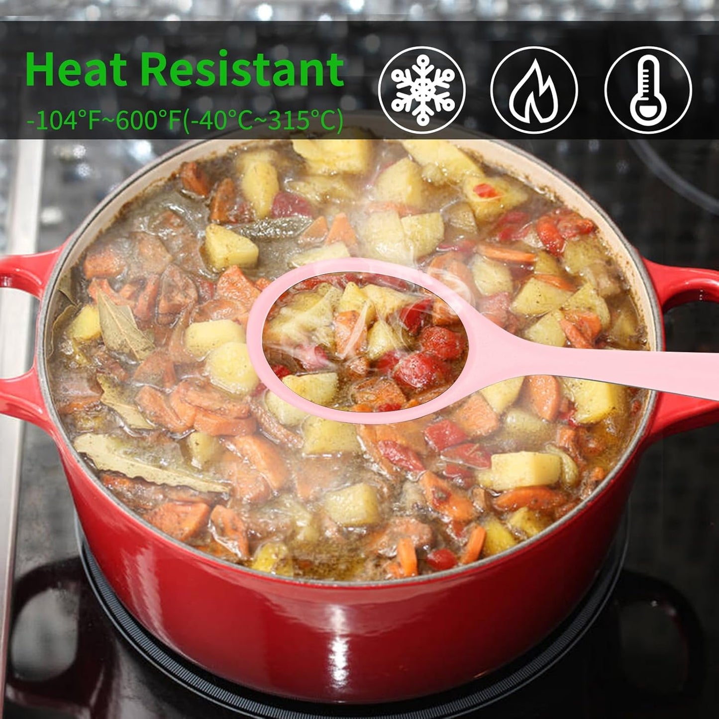 2 Pcs Silicone Nonstick Mixing Spoon, Silicone Spoons for Cooking Heat Resistant, Cooking Utensil for Kitchen Cooking Baking Stirring Serving (Pink)