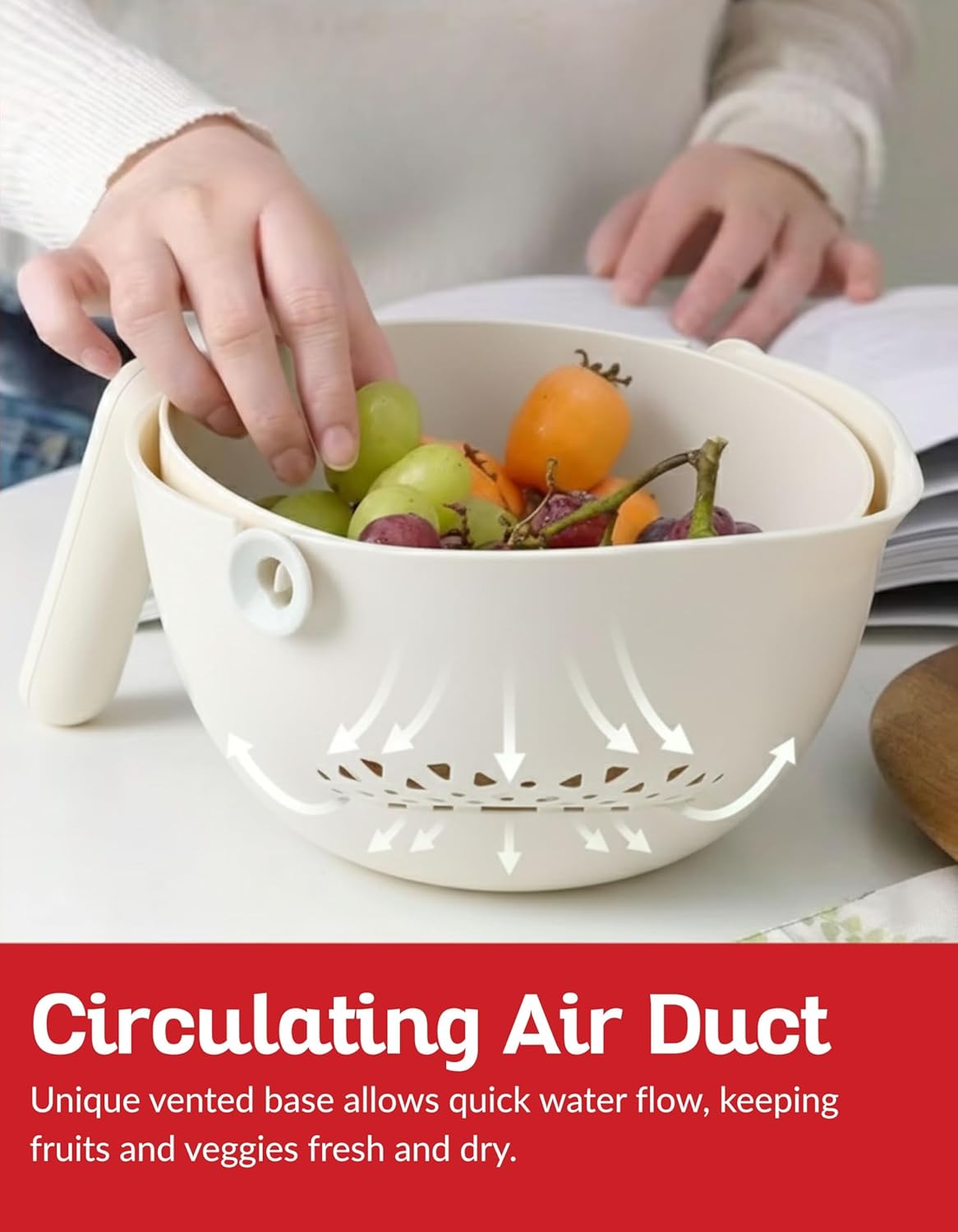 Multi Functional Draining Basket – Double Layer Colander & Bowl Set for Pasta, Fruits, Vegetables & Rice – Durable BPA-Free, Dishwasher Safe (Milky White)