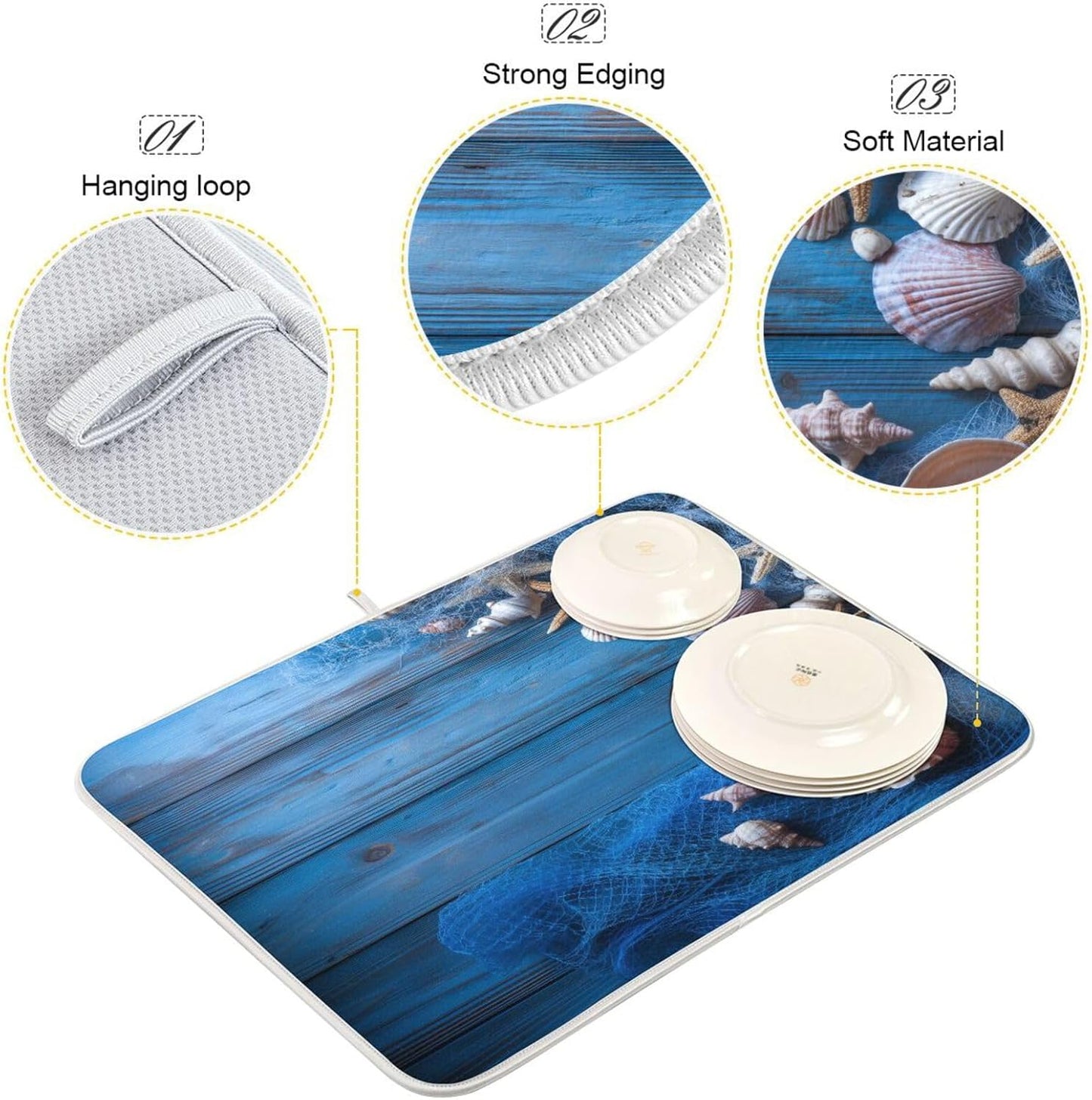 Blue Fishing Nets Seashells Starfish Dish Drying Mat for Kitchen Counter Super Absorbent Dishes Pad Reversible Microfiber Protector Dish Draining Mats 16x18 inch