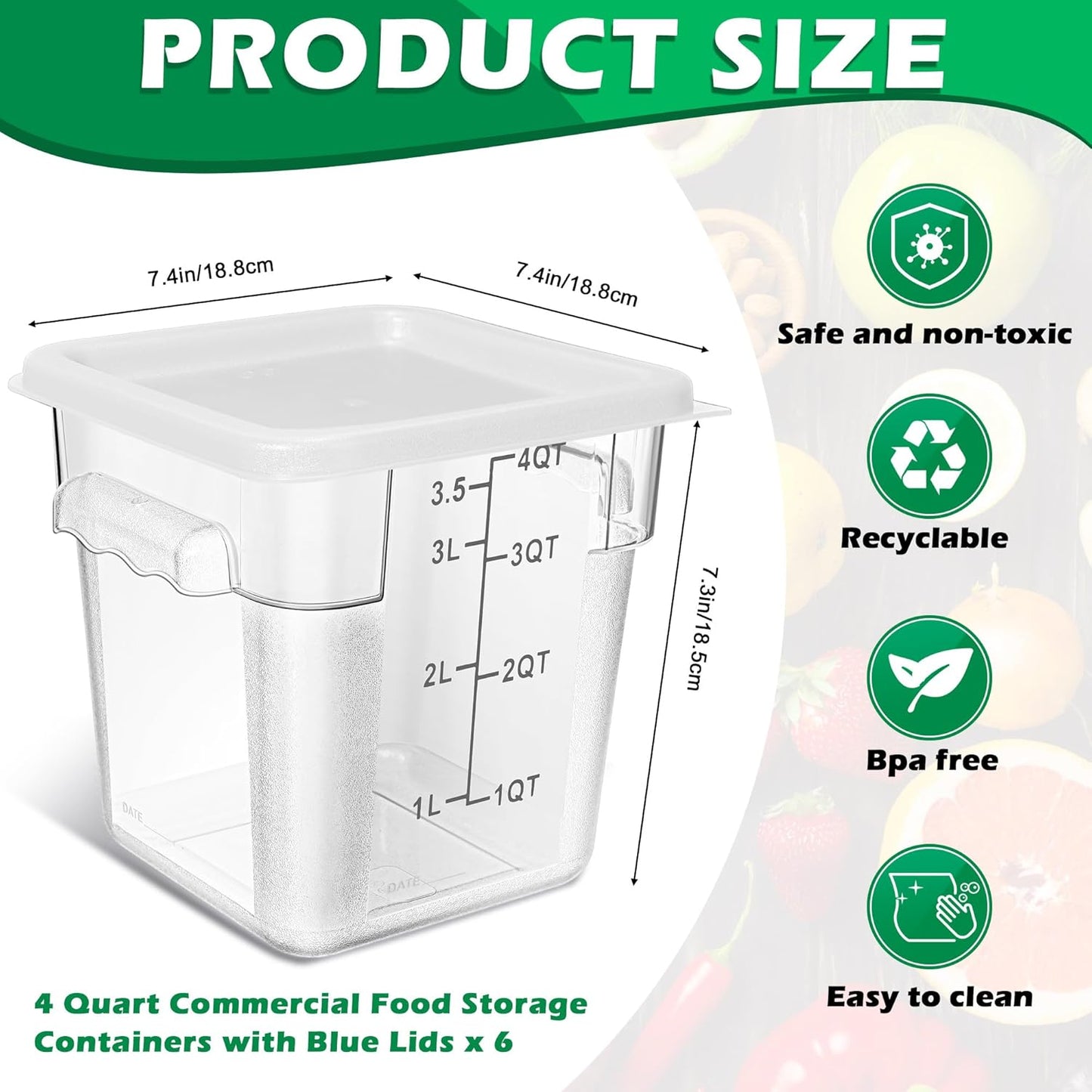 Yungyan 6 Pcs Commercial Clear Food Storage Containers 4 Qt Square Acrylic Airtight Food Storage Containers with Lids for Kitchen Restaurant Pantry Freezer Flour Sugar (White)