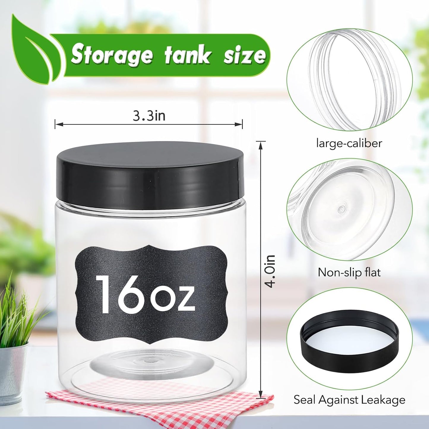 36PCS16OZ Plastic Jars with Screw On Lids, Labels Refillable Empty Round Slime Containers for Storing Dry Food, Honey Jam, Cream, Butter, Lotion (matte black)