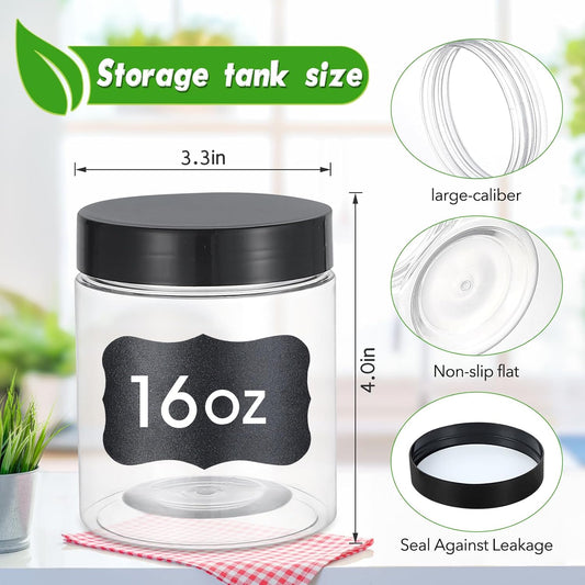 36PCS16OZ Plastic Jars with Screw On Lids, Labels Refillable Empty Round Slime Containers for Storing Dry Food, Honey Jam, Cream, Butter, Lotion (matte black)
