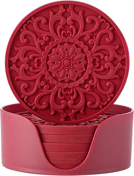 Colinda Silicone Coasters - Set of 6 with Holder, Non-Slip Cup Mats for Hot and Cold Drinks, Decorative Designs, Gift Ready Packaging,Merlot Red