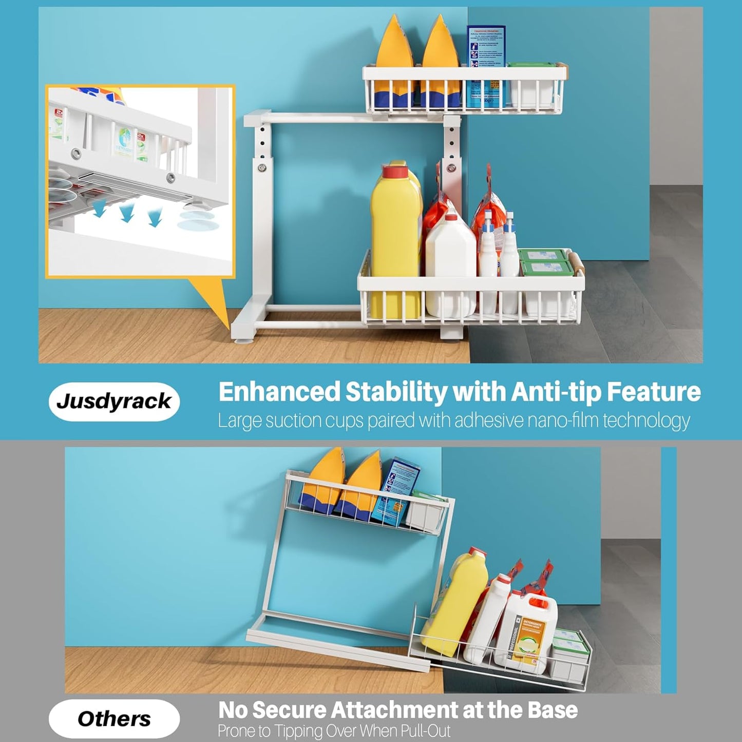 2 Packs Under Sink Organizer,Small Shelf for narrow spaces,2 Tiers Pull Out Under Cabinet Organizer,Adjustable Height,Slide Out Thickened Metal Under,White