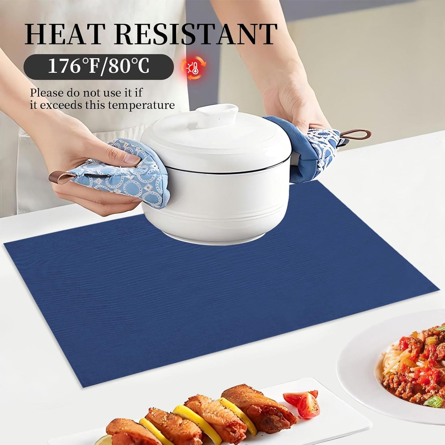 Placemats Set of 6 Linen Type Fabric Cloth Placemats, 19 x 13 Inch Double Layered Thick Wrinkle Free Heat Resistant Table Place, for Dining, Kitchen, Party (Dark Blue, 48 * 33cm)