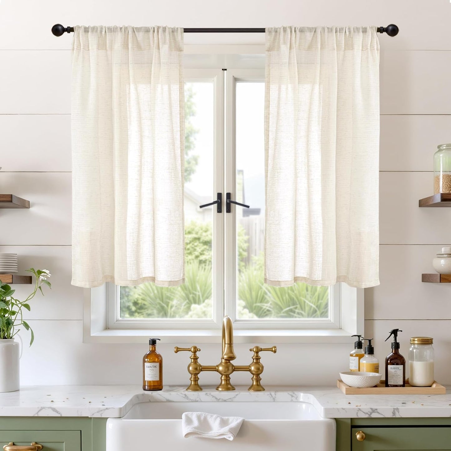 BGment Beige Linen Curtains 40 Inch Length for Short Window - Small Semi Sheer Drapes with Rod Pocket for Cafe Kitchen Bedroom Light Filtering Cream Curtain, 2 Panels, Each Panel 30 Inch Wide