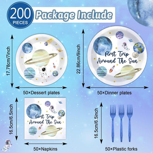 ZOIIWA 200 PCS First Trip Around the Sun Birthday Tableware Disposable 1st Space Party Supplies Outer Space Birthday Party Paper Plates Napkins Forks Baby Shower Party Decoration Serve 50 guest