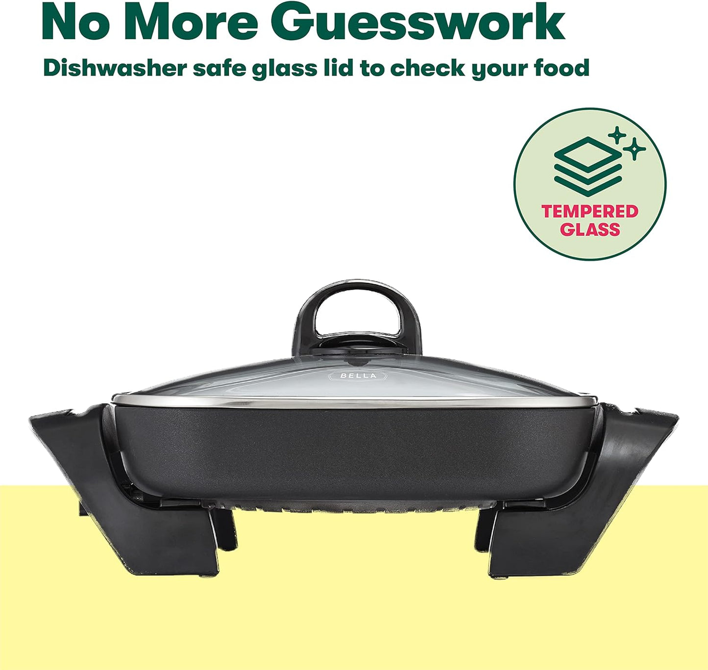 bella Electric Skillet and Frying Pan with Glass Lid, Nonstick Coating, Cool Touch Handles, Removable Heating Probe, Dishwasher Safe, 12 x 12 inch, Black, PFOA & PTFE Free