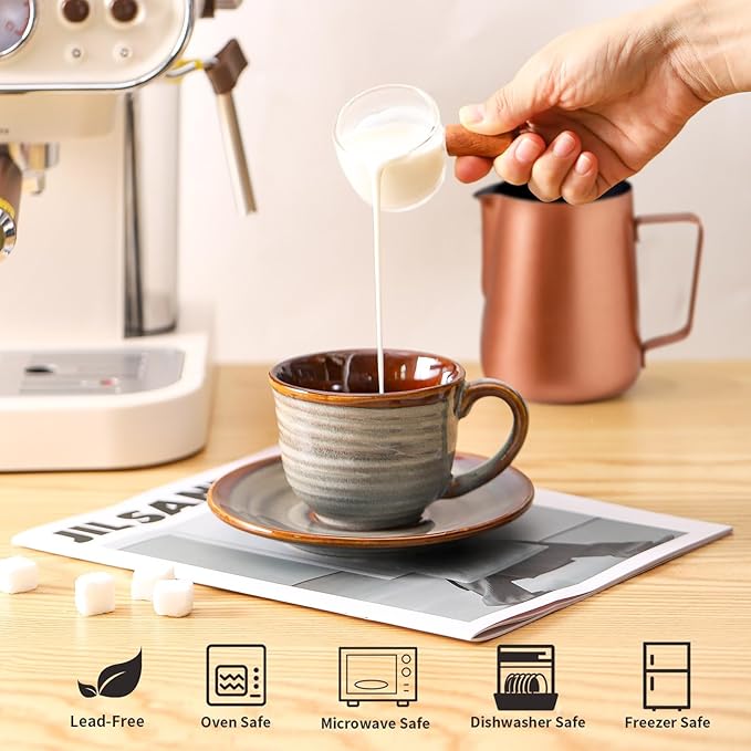 Hasense Ceramic Tea Cups and Saucers, 8oz Cappuccino Cups Set of 4, Espresso Coffee Mugs for Home and Office, Perfect for Coffee, Cappuccino, Latte, Americano, Milk and Tea - Grey Brown