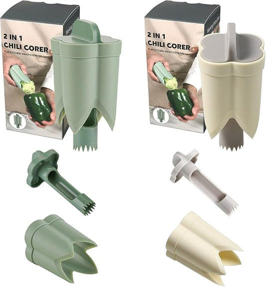 Pepper Corer, 2 in 1 Red Bell Pepper Seed Corer Remover Tool, Fruit & Vegetable Corers Quick Cave Tools for Jalapeno Cutter Deseeder, Off White+Green, 2 PCS