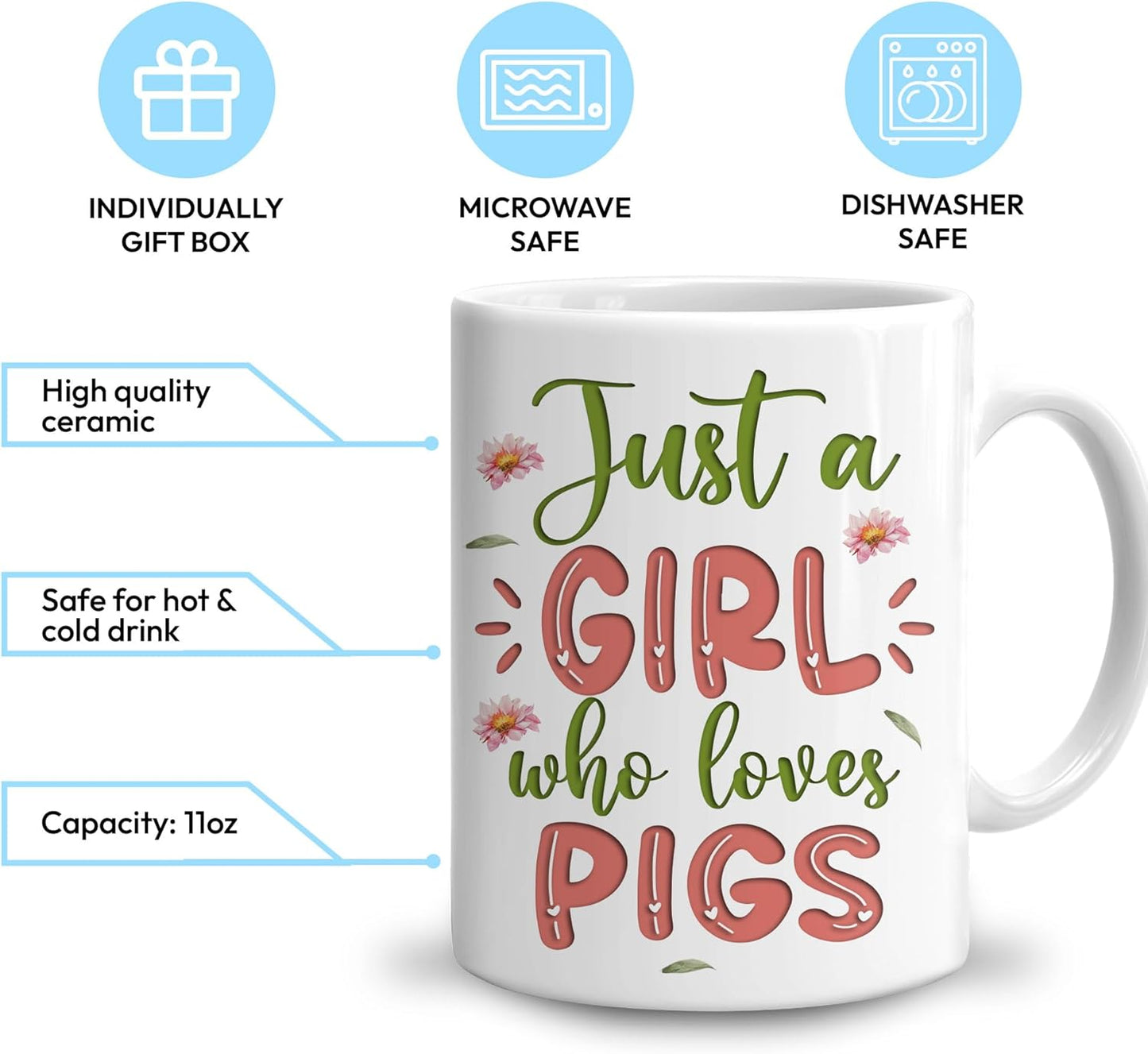 Hyturtle Personalized Gifts Pig Lover - Just A Girl Who Loves Pigs Custom Name Ceramic Coffee Mug Cup 11oz - Idea Cute Farm Animal Lover Gifts For Women, Girl Daughter On Birthday, Christmas