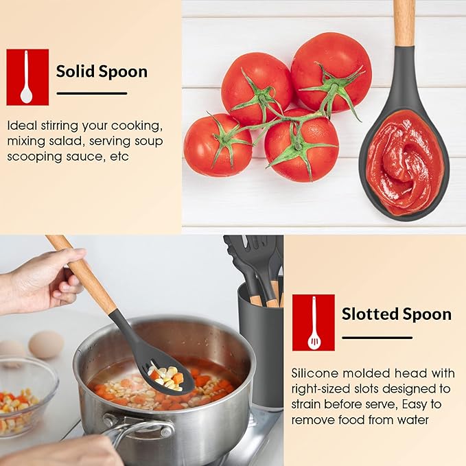 E-far Cooking Utensils Set of 6, Silicone Kitchen Utensils with Wooden Handle, Non-stick Cookware Friendly & Heat Resistant, Includes Spatula/Ladle/Slotted Turner/Serving Spoon/Spaghetti Server(Gray)