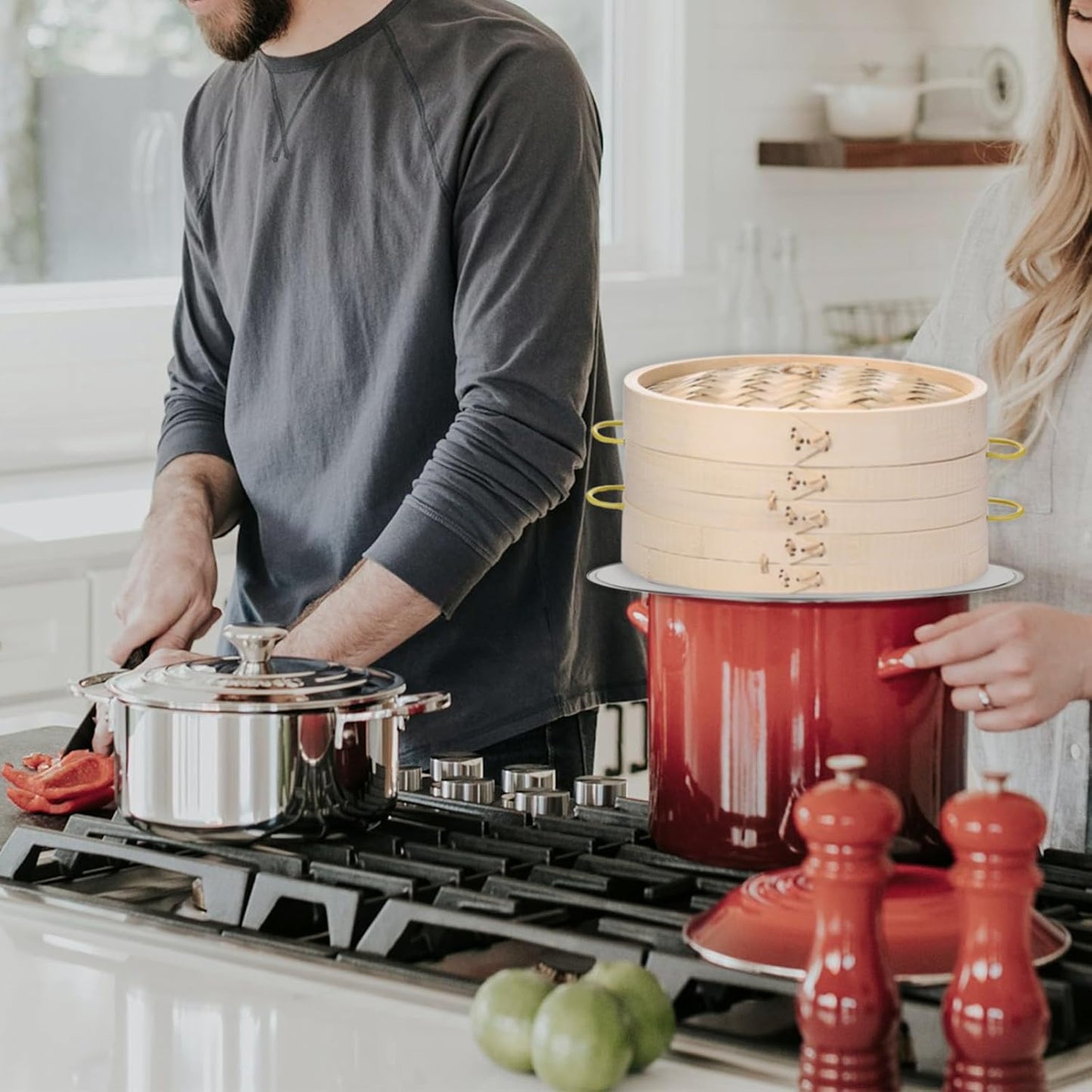 MacaRio Bamboo Steamer Basket Set 10 inch Steamer for Cooking, with Side Handles, Ring Adapter, Paper Liners, for Dim Sum Dumplings Buns Seafoods Vegetables Rice Asian Foods